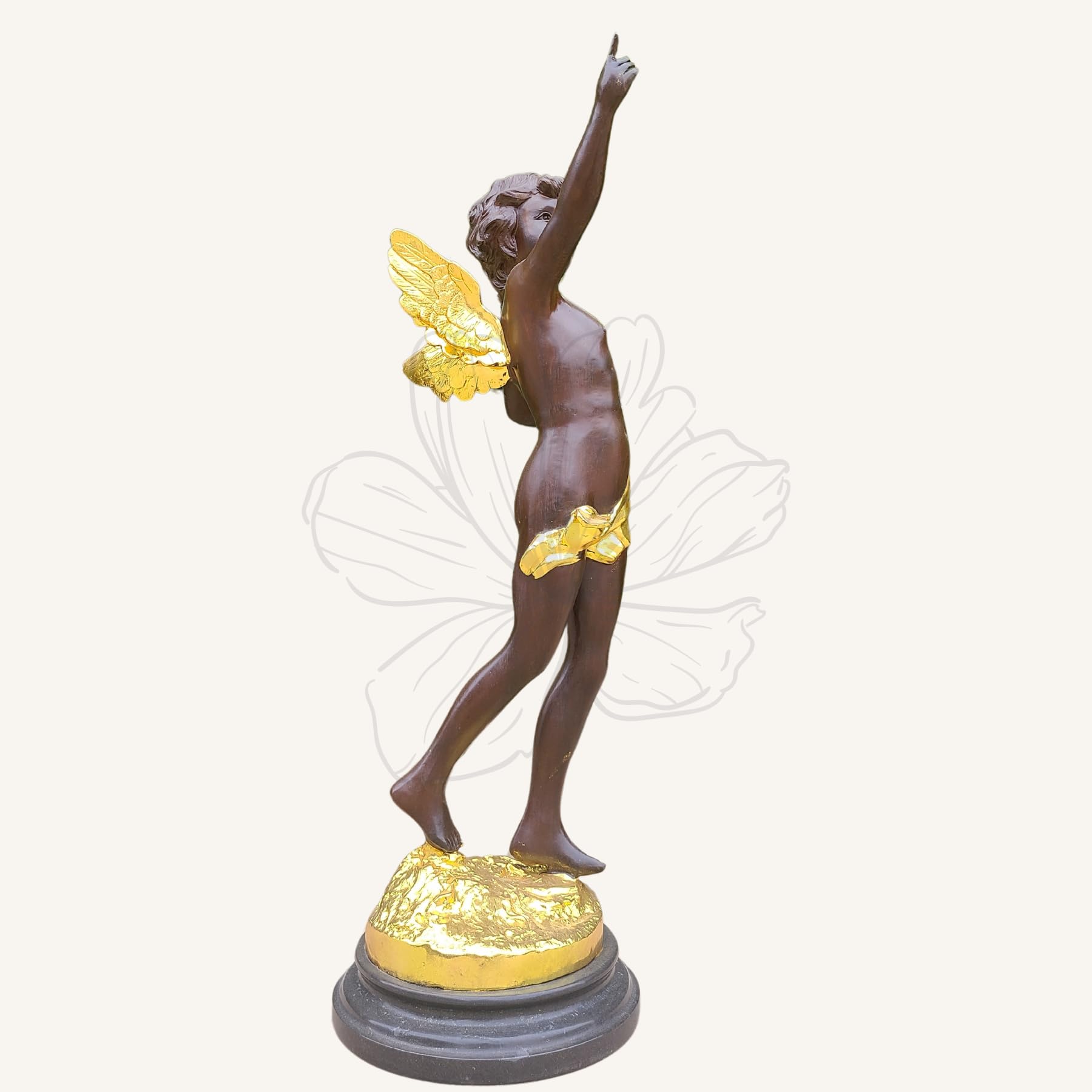 Cupid bronze sculpture yellow wing accent side left profile view