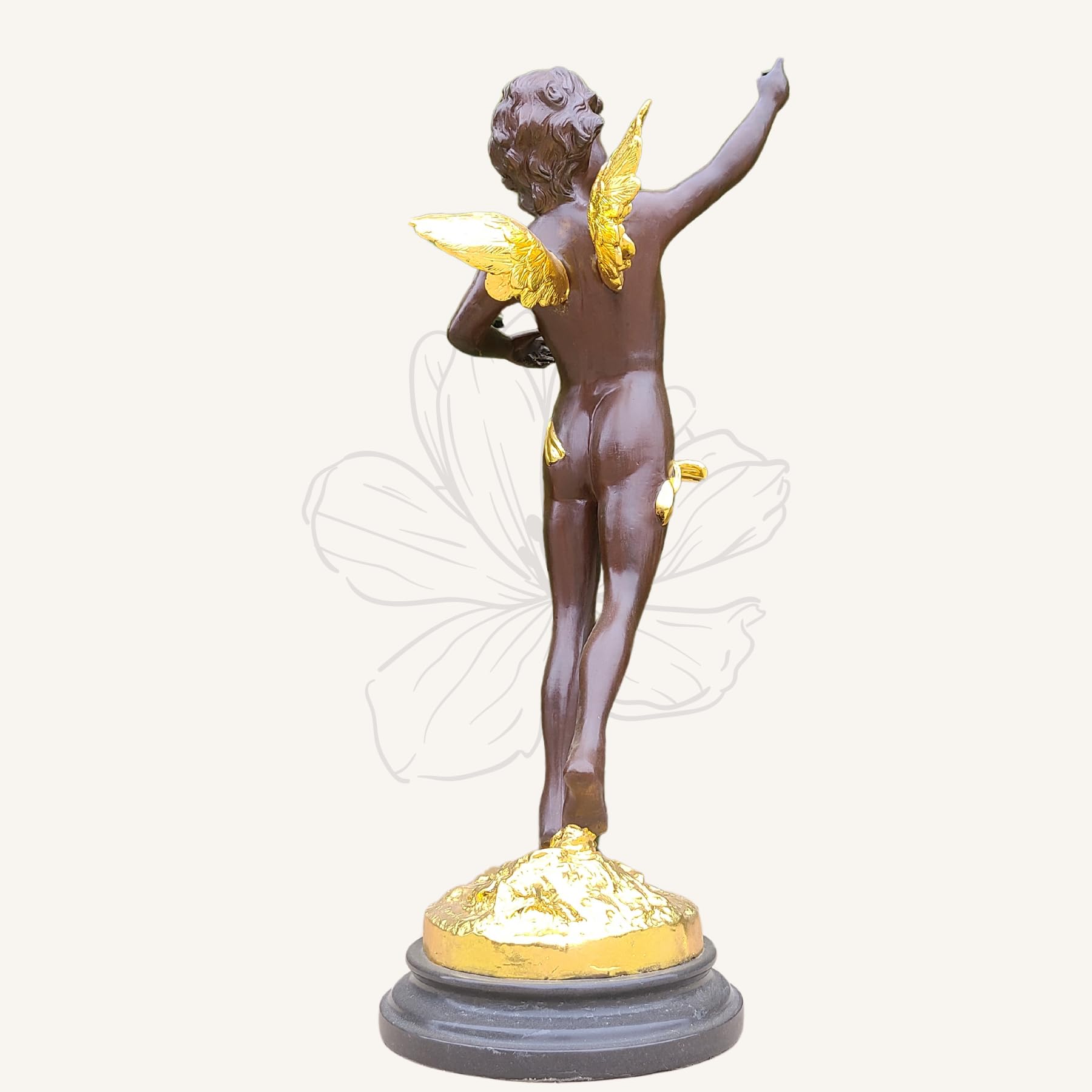 Cupid bronze sculpture yellow wing accent side right profile view
