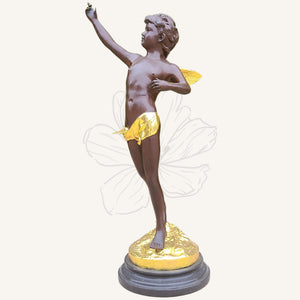 Cupid bronze sculpture yellow wing accent three quarter angle view
