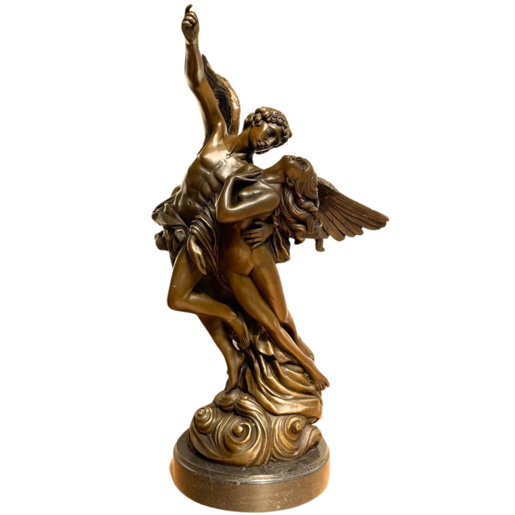 Cupid Psyche bronze sculpture style 3 gold patina marble base three quarter angle