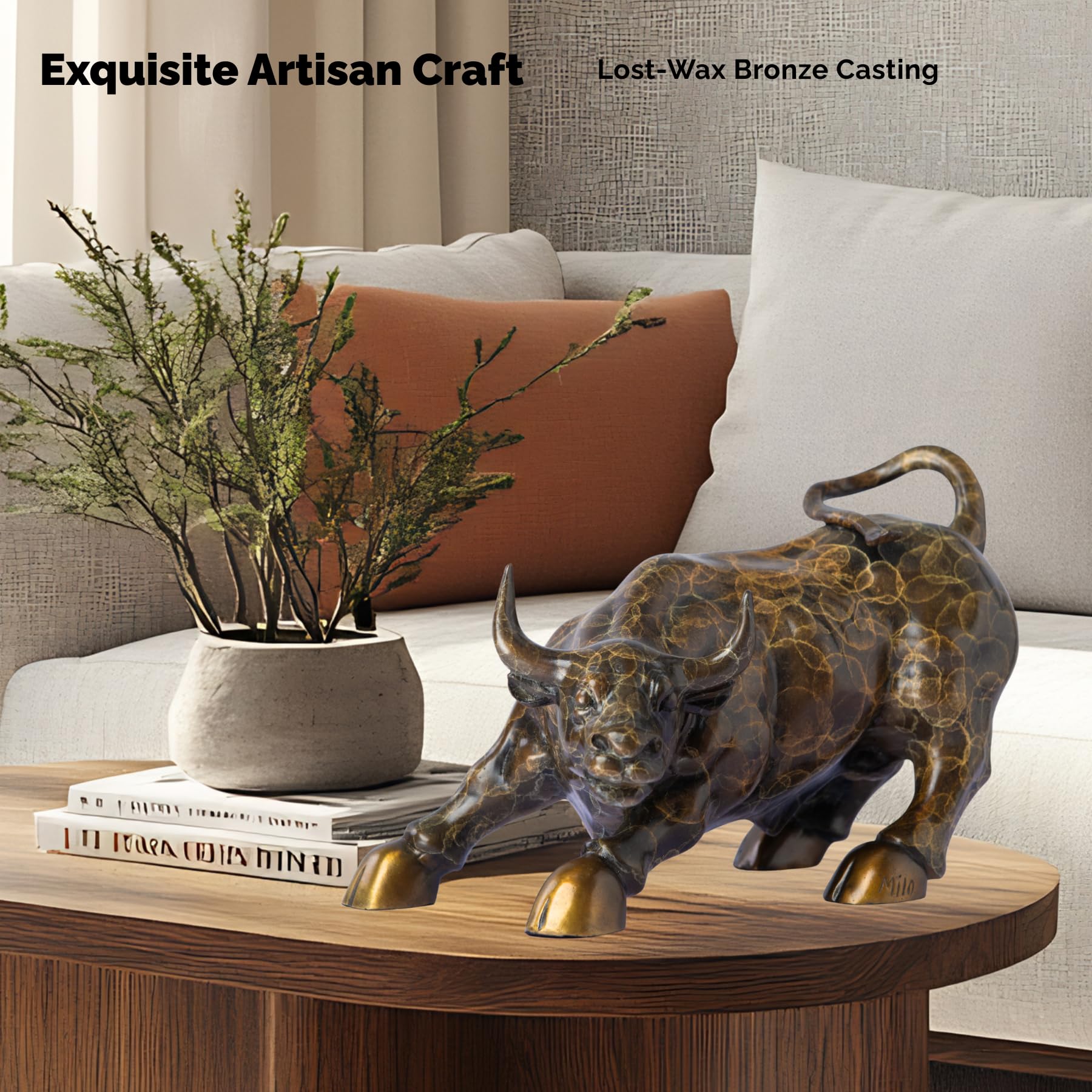 Back view showing the unique artistic pattern on the bronze bull sculpture