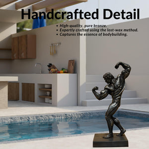 Handcrafted detail of dark patina bodybuilder bronze statue showing precise muscle definition