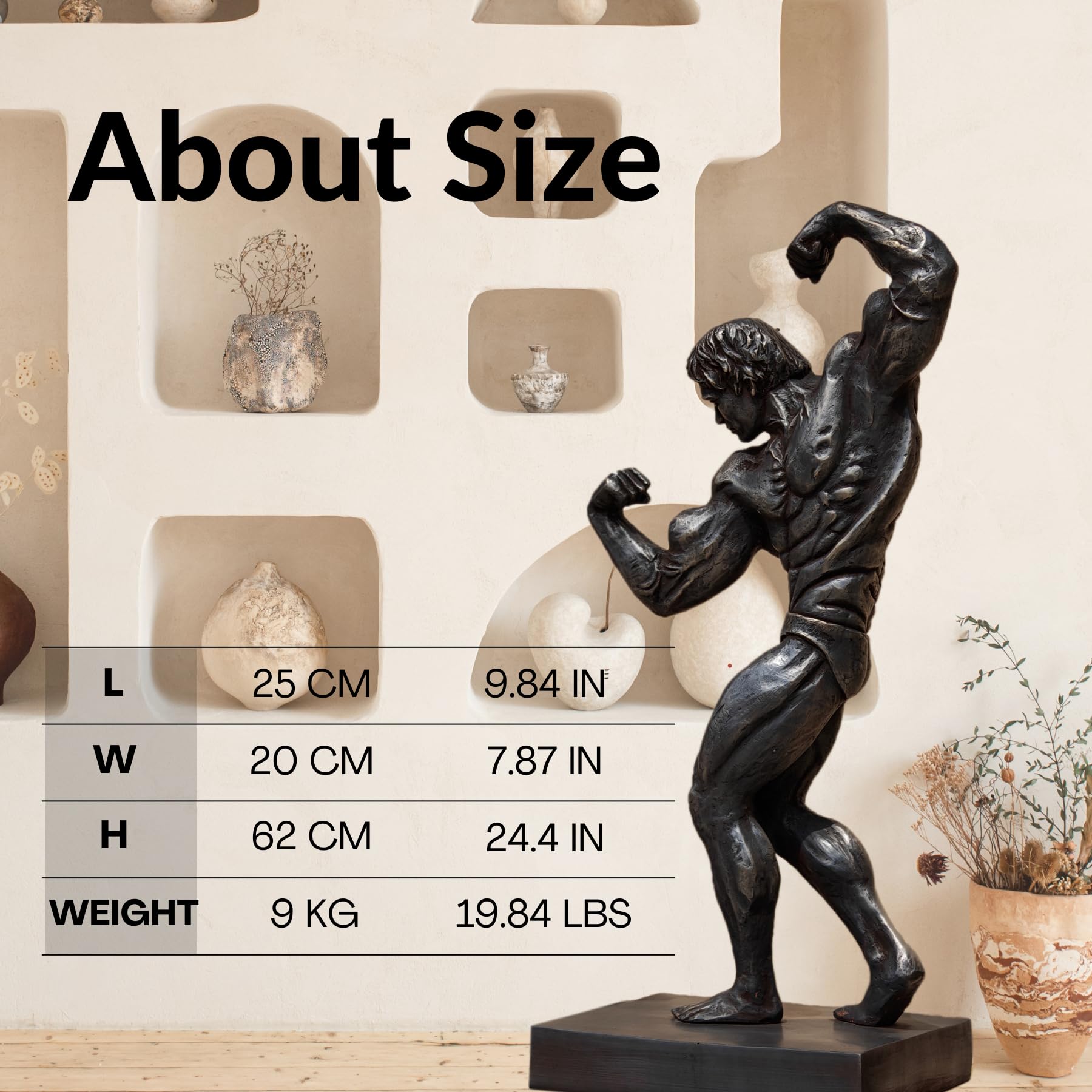 Dark bodybuilder bronze statue size chart showing 62cm height, 20lbs solid bronze weight