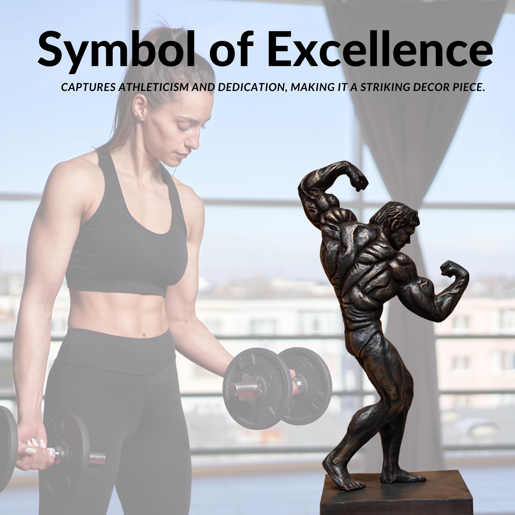 Dark patina bodybuilder bronze sculpture as symbol of excellence with fitness athlete for scale