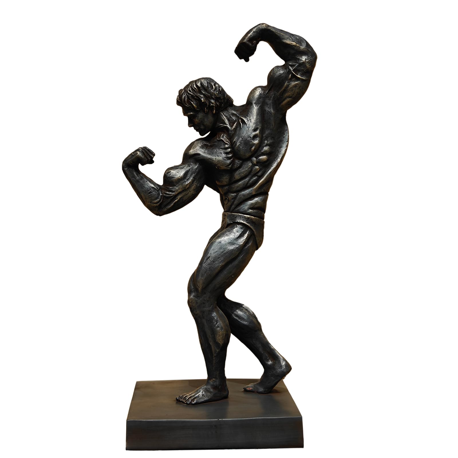 24-inch dark patina bodybuilder bronze sculpture in classic golden era vacuum pose, front view