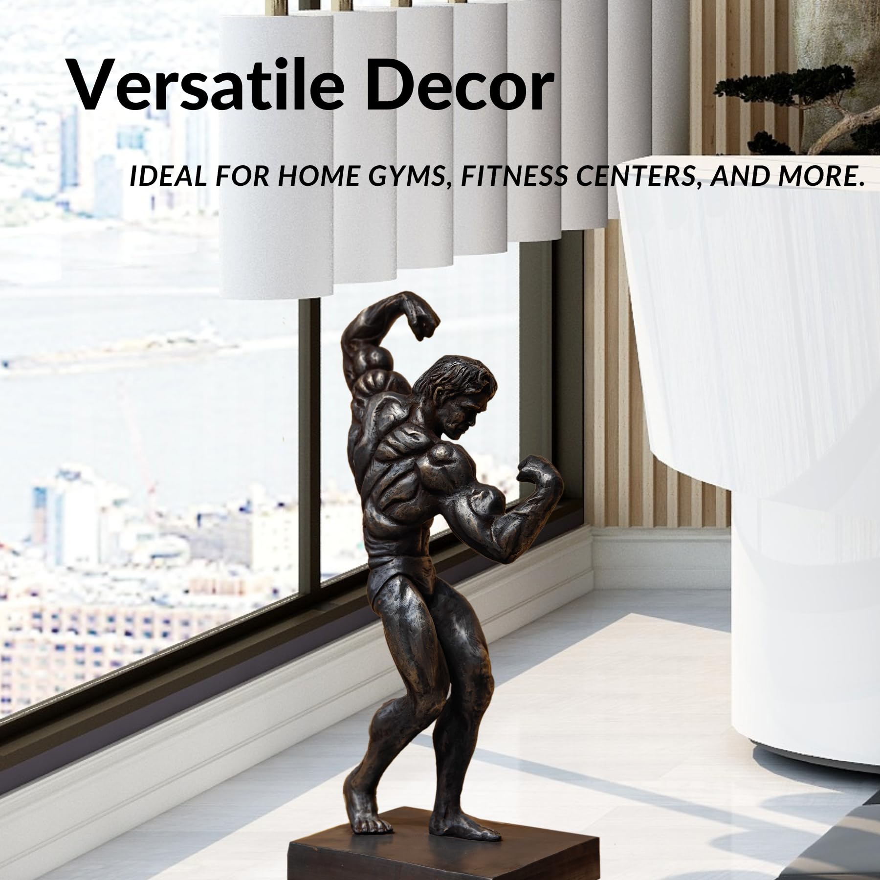 Dark bronze bodybuilder sculpture as versatile luxury décor for home, office and gym settings