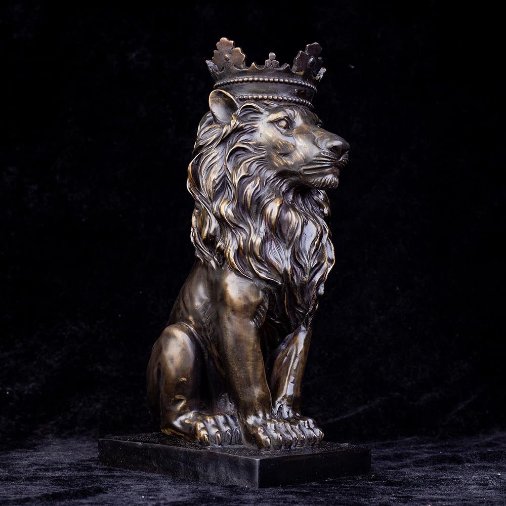 Back angle view of dark bronze crowned Lion King sovereign sculpture on black background