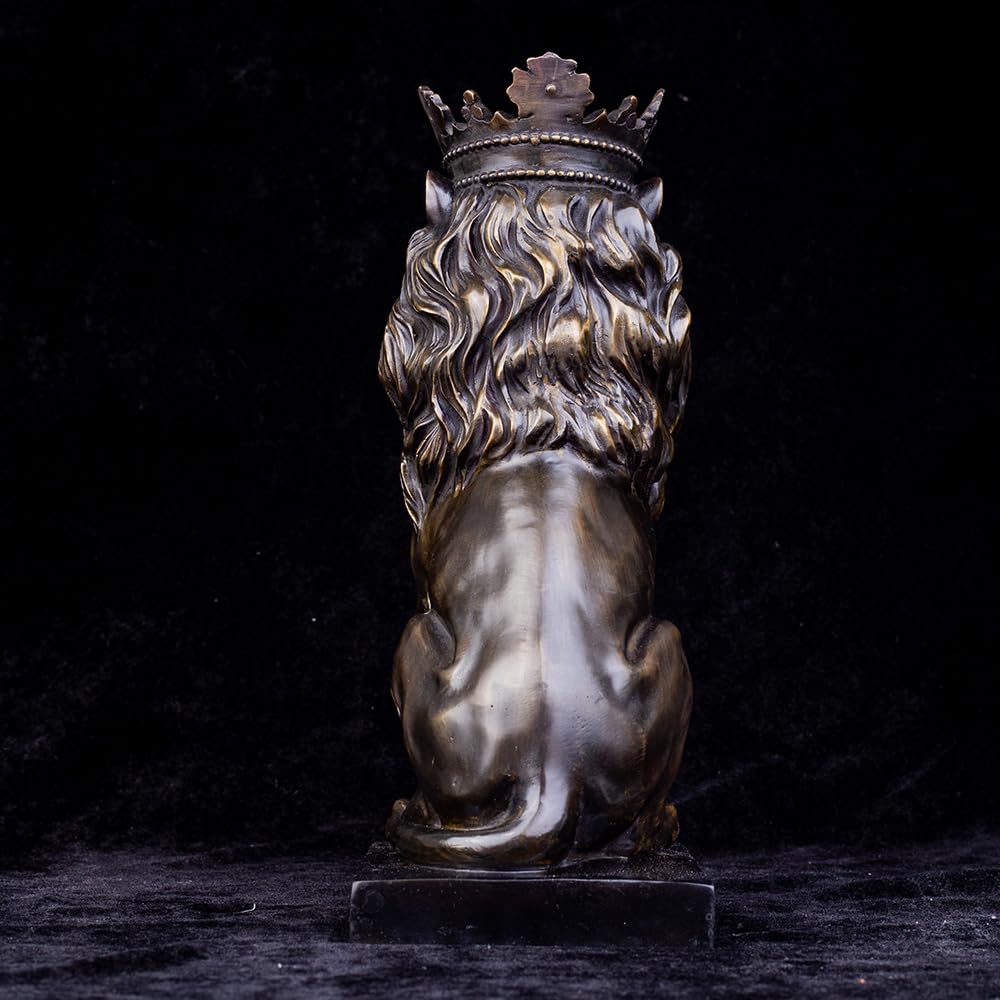 Front angle view of dark bronze crowned Lion King sitting statue against black background