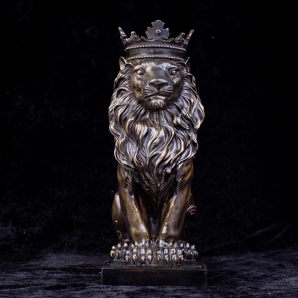 Dark bronze crowned Lion King sitting sculpture front view against black background display