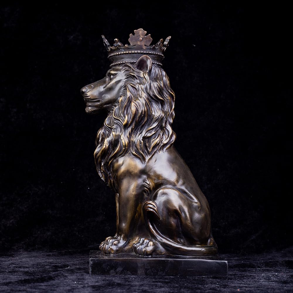 dark bronze crowned Lion King sitting statue front view against black background