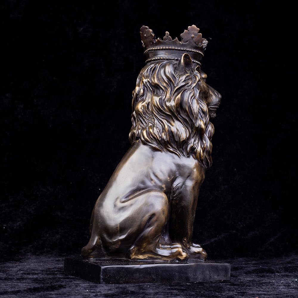 Side view of dark bronze crowned Lion King hand-cast sculpture on black background