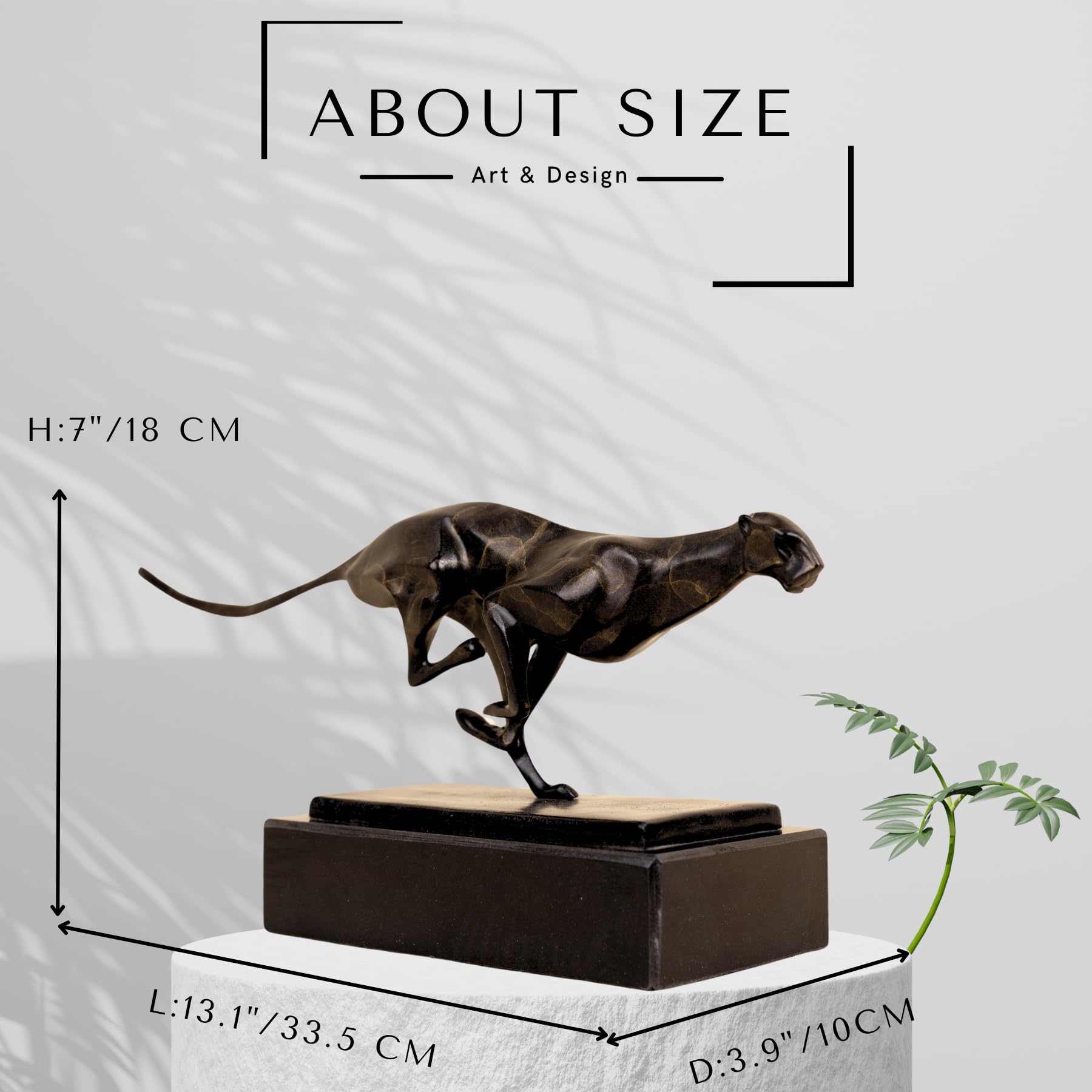 Dark bronze running cheetah sculpture size dimension reference showing 13.1 inch measurements