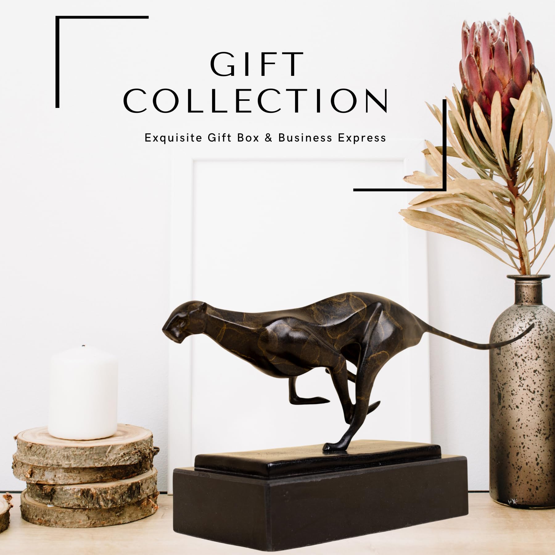Dark bronze running cheetah sculpture presented as gift collection in lifestyle setting with flowers