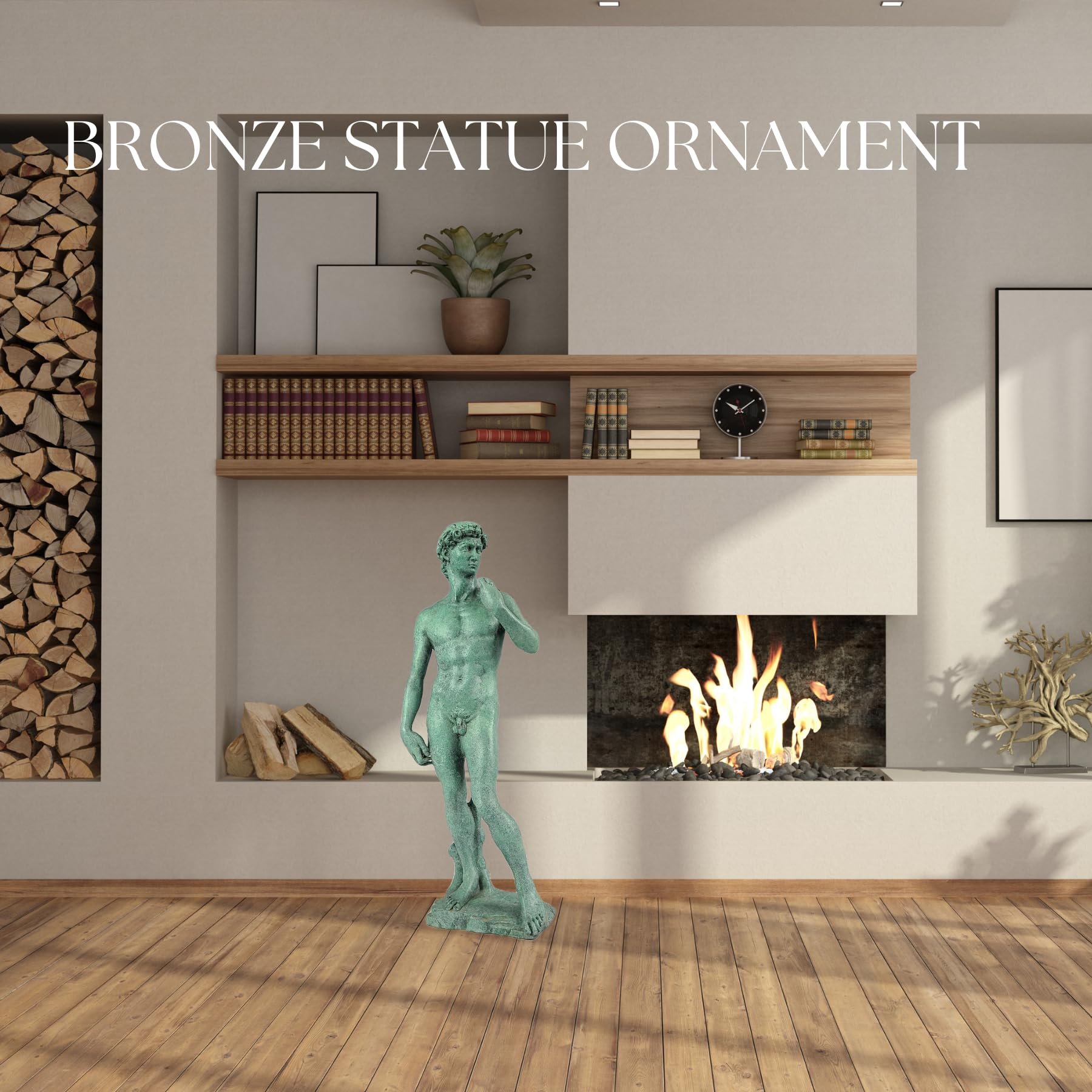 David modern bronze statue used as courtyard decoration outdoors beside wooden door