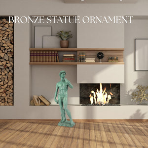 David modern bronze statue used as courtyard decoration outdoors beside wooden door