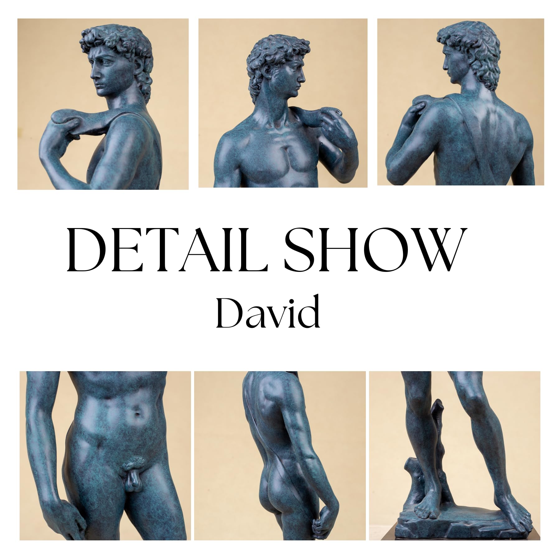 Detail show of David modern bronze statue featuring close-up views of face, torso, and base