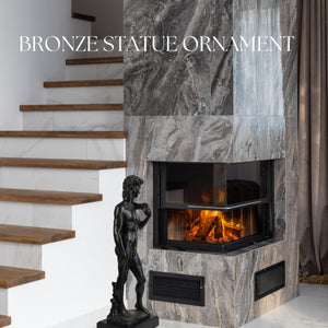 David modern bronze statue displayed as ornament beside fireplace mantel in home interior