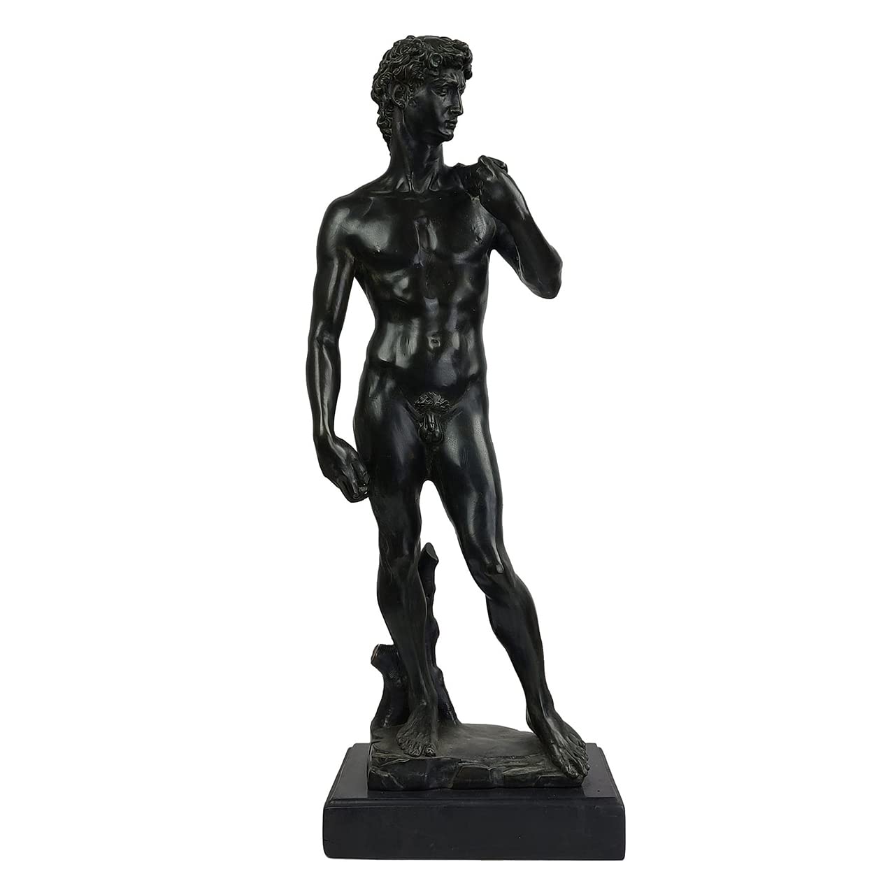 Michelangelo David modern bronze statue front view on marble base, blue-green patina finish