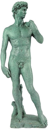 David modern sculpture in green patina finish, front view on black marble base