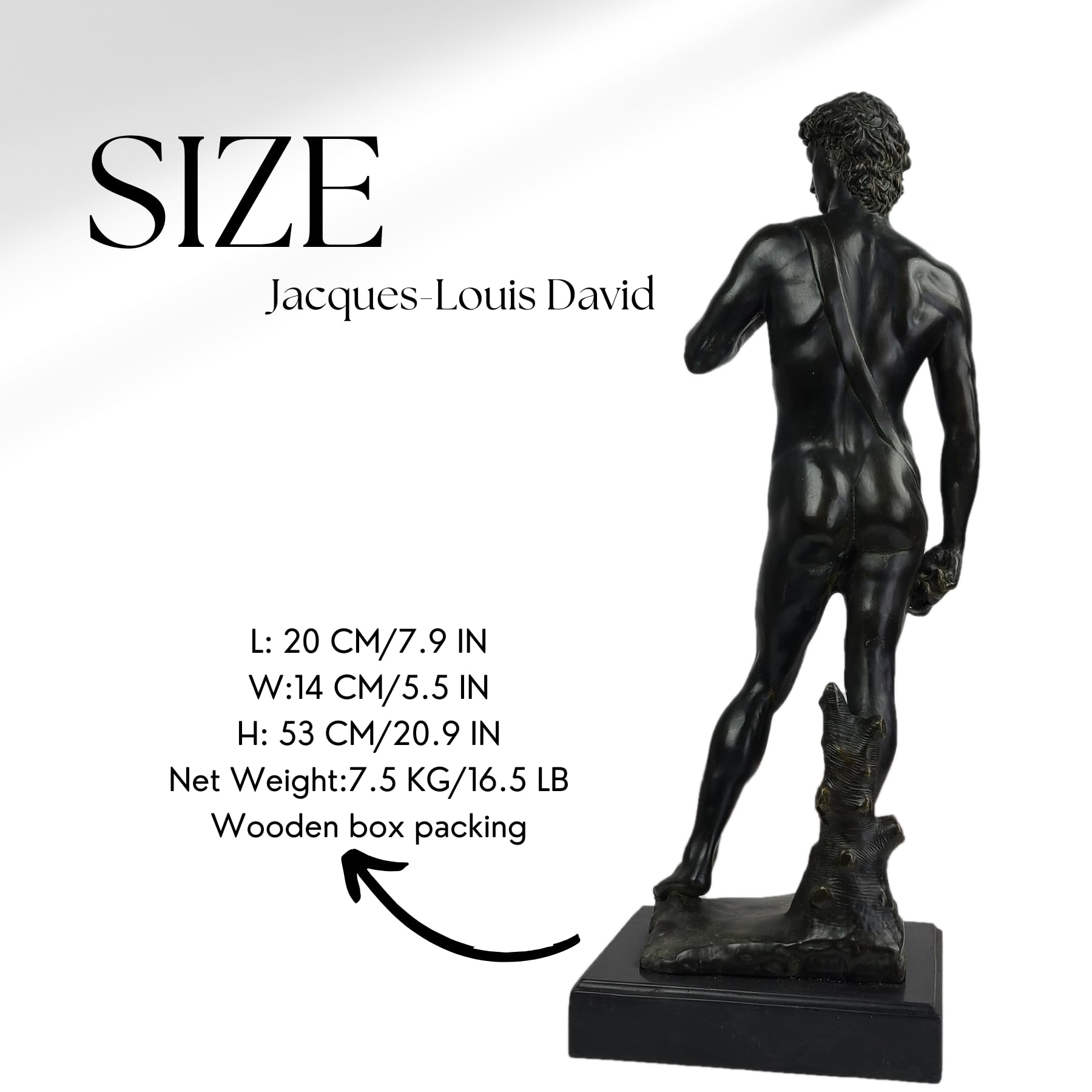 David modern bronze statue displayed as ornament beside fireplace mantel in home interior