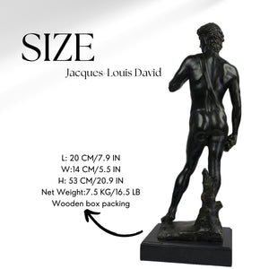 David modern bronze statue displayed as ornament beside fireplace mantel in home interior
