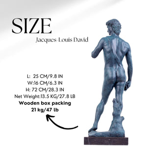 David modern bronze statue in teal patina finish, front and side angle on marble base