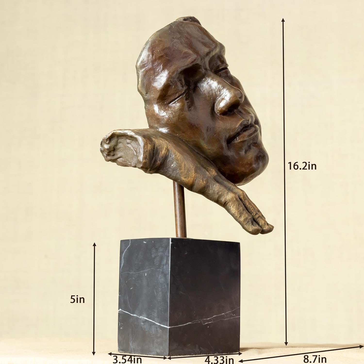 Deep Reflection bronze thinker statue size chart showing 16-inch height and dimensions