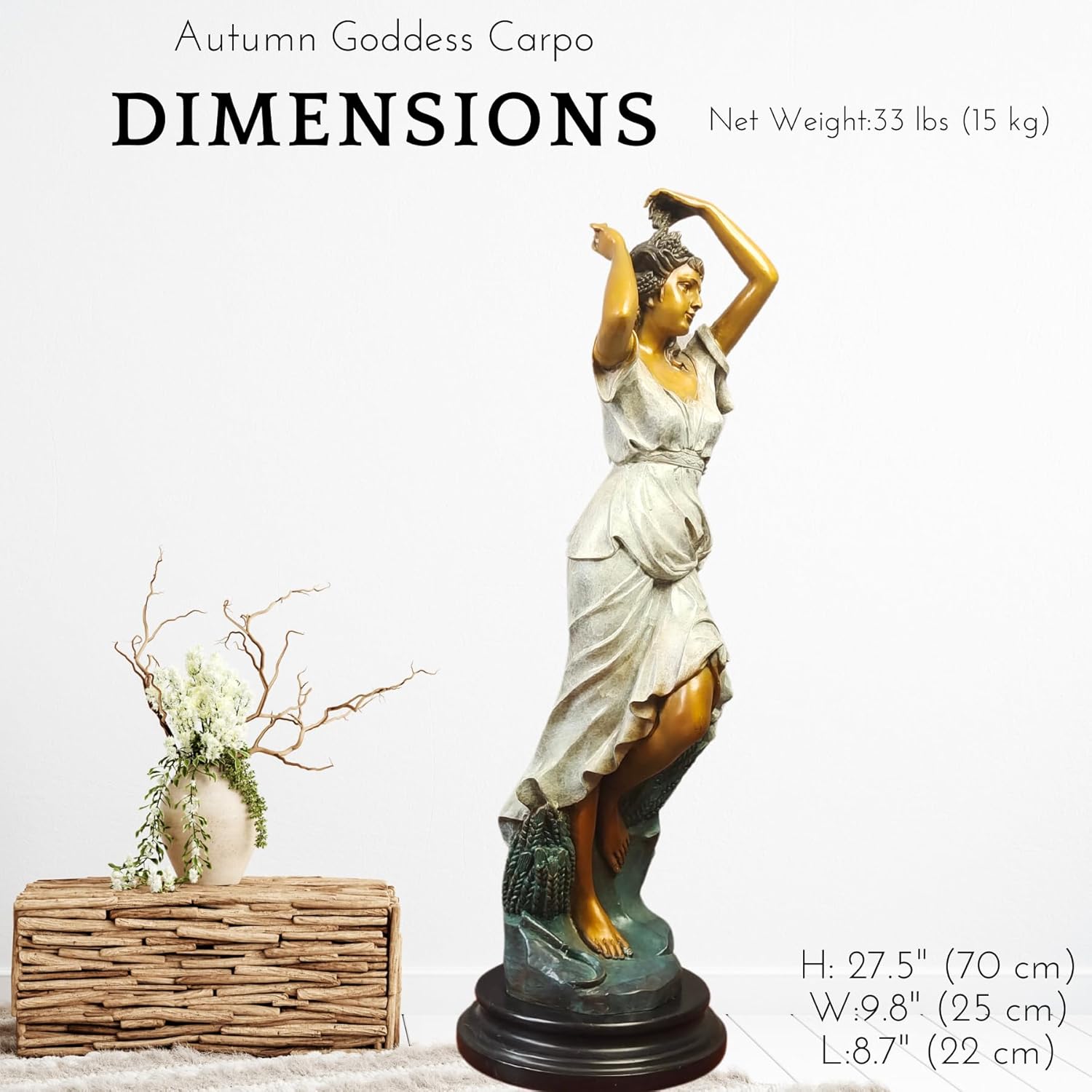 Demeter goddess bronze statue dimensions chart showing 27.5 inch height and base size specifications