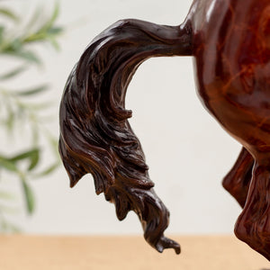 Close-up detail of elite rearing stallion bronze sculpture tail showing flowing mane texture