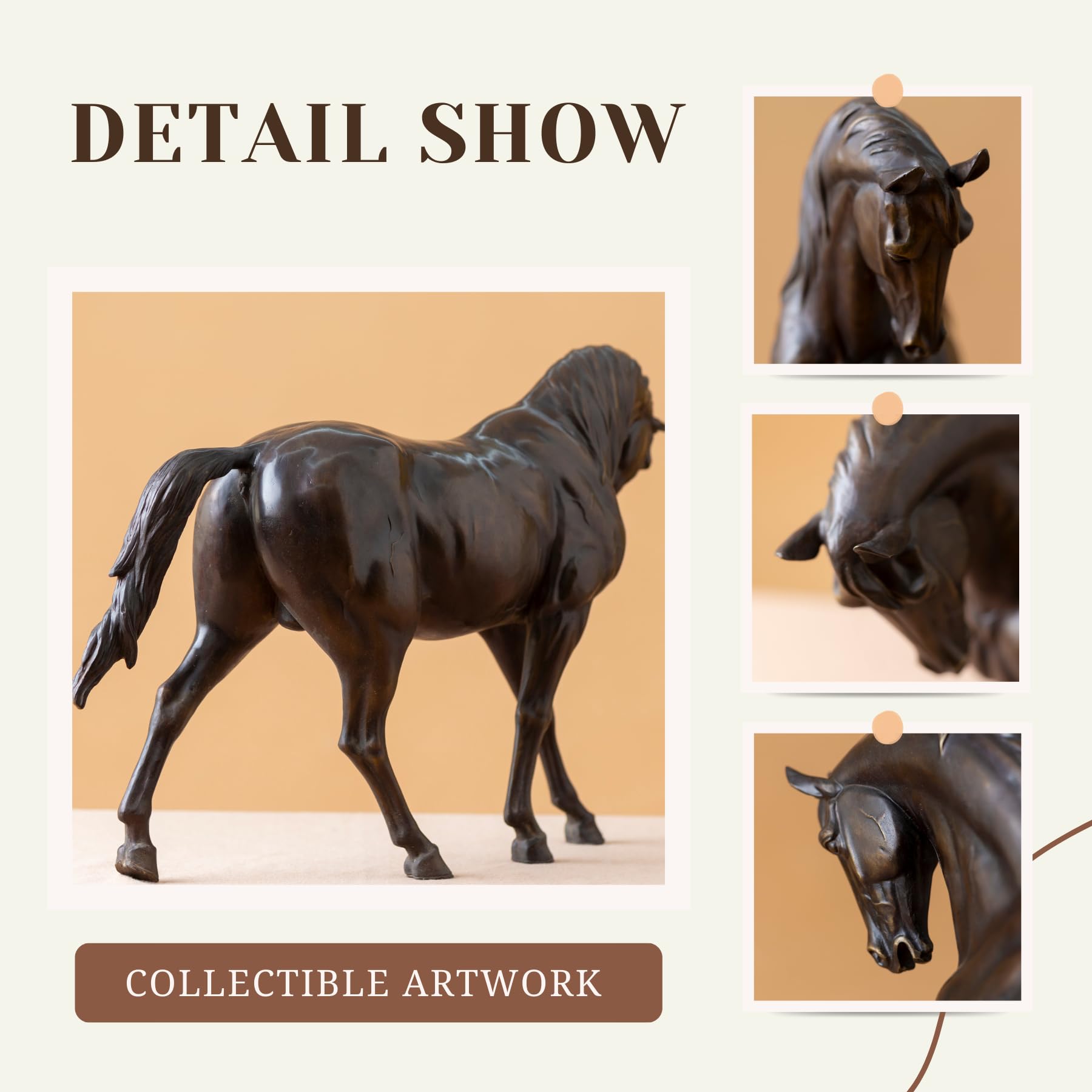 Detail show collage of black European Andalusian horse bronze sculpture collectible artwork