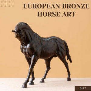 European Bronze Horse Art branding display showing black Andalusian horse sculpture
