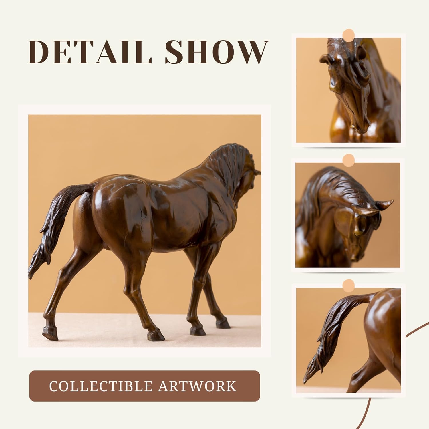 Detail show collage of dark brown European Andalusian horse bronze sculpture showcasing collectible artwork