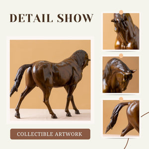 Detail show collage of dark brown European Andalusian horse bronze sculpture showcasing collectible artwork