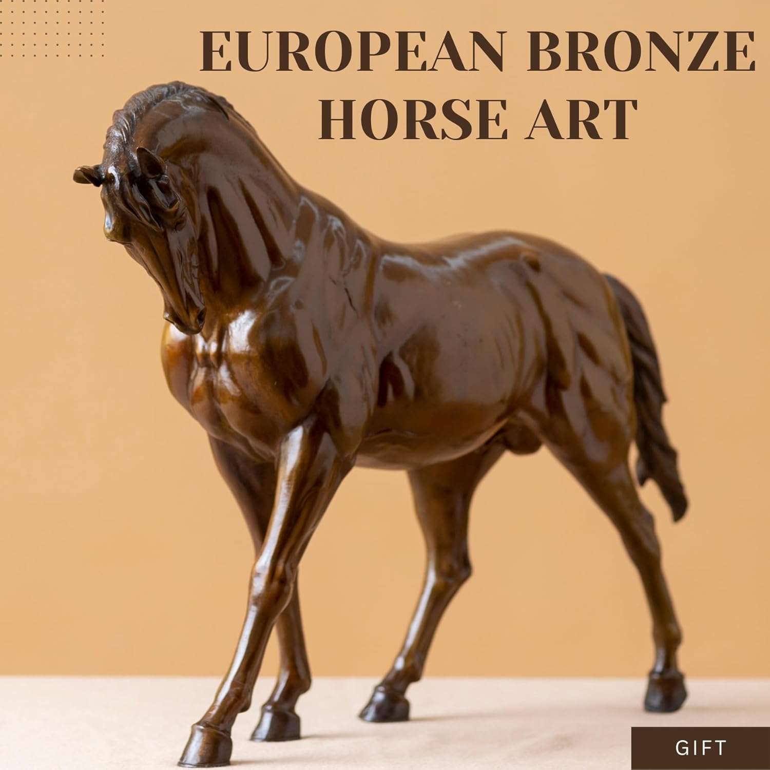 European Bronze Horse Art branding display showing dark brown Andalusian horse sculpture