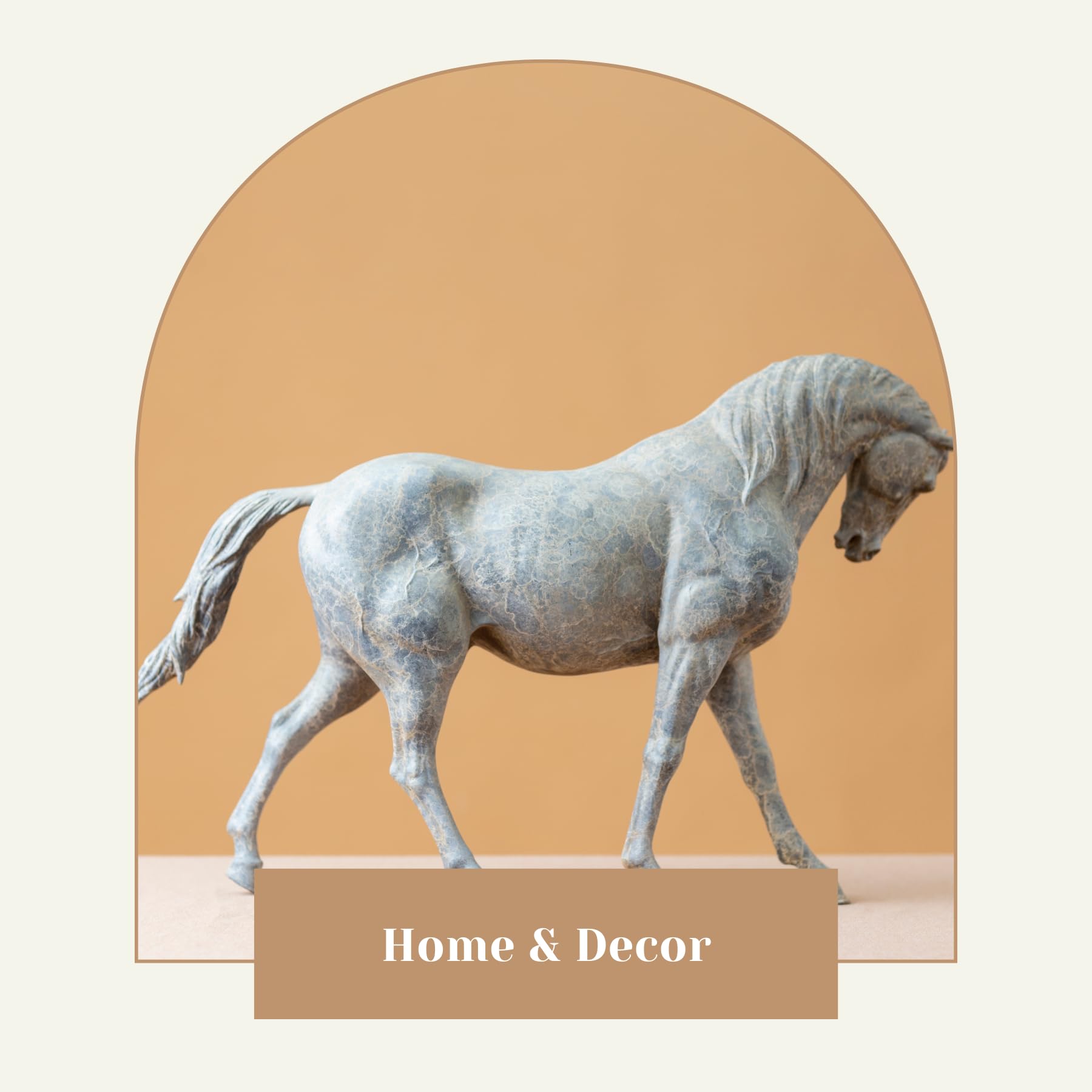 European Andalusian horse bronze sculpture white finish displayed against arch background