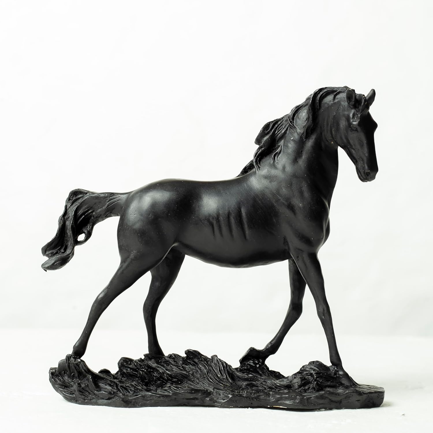 8.3-inch European bronze standing horse statue in black finish, side front view on white background