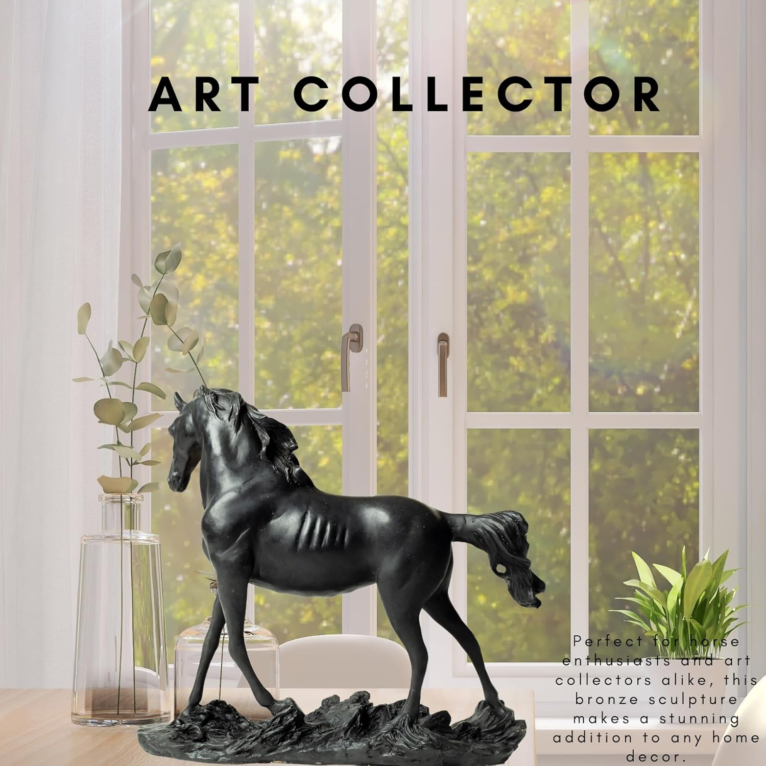 European bronze standing horse statue displayed as art collector piece with photo frame indoor setting