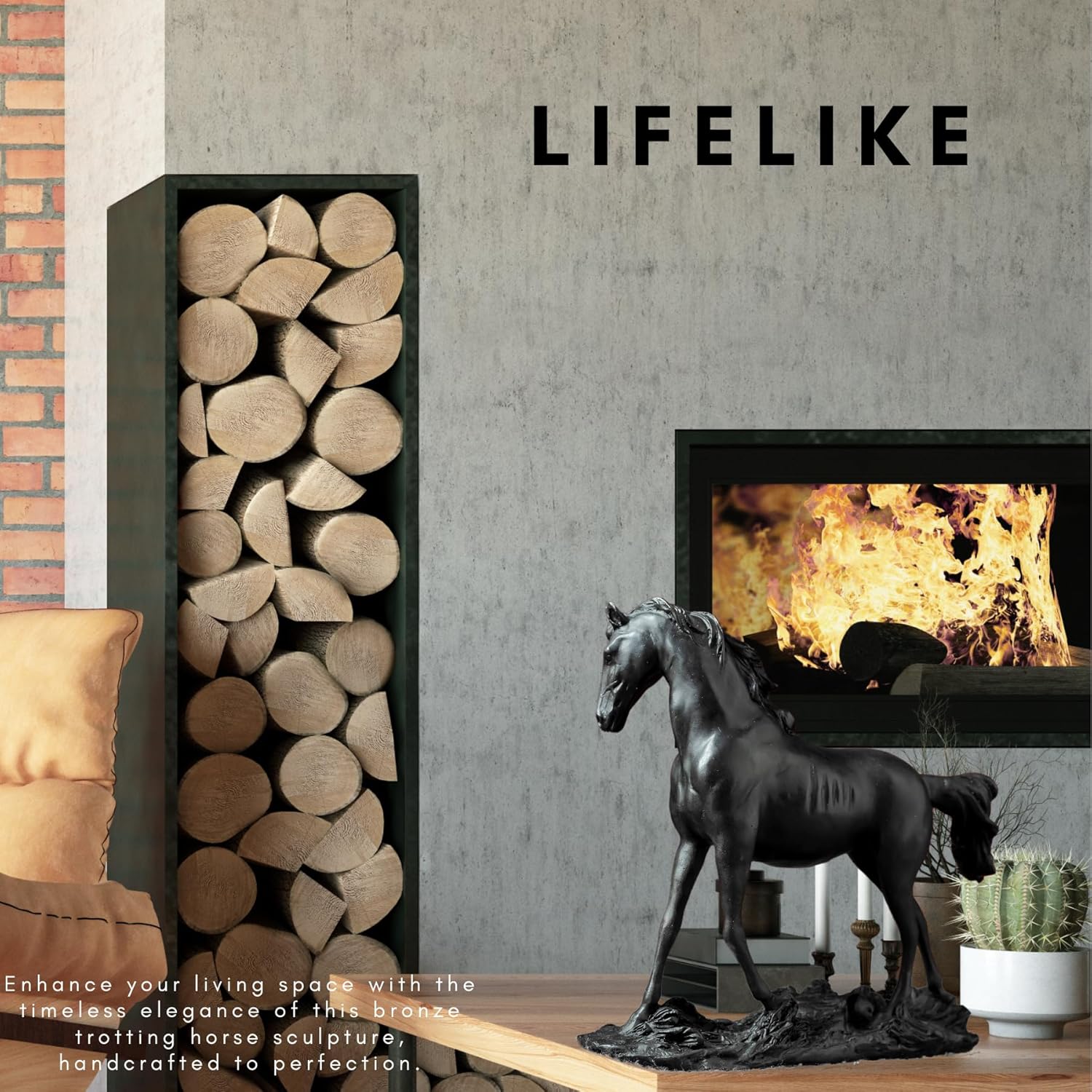 Lifelike European bronze standing horse statue displayed beside fireplace with firewood in warm interior