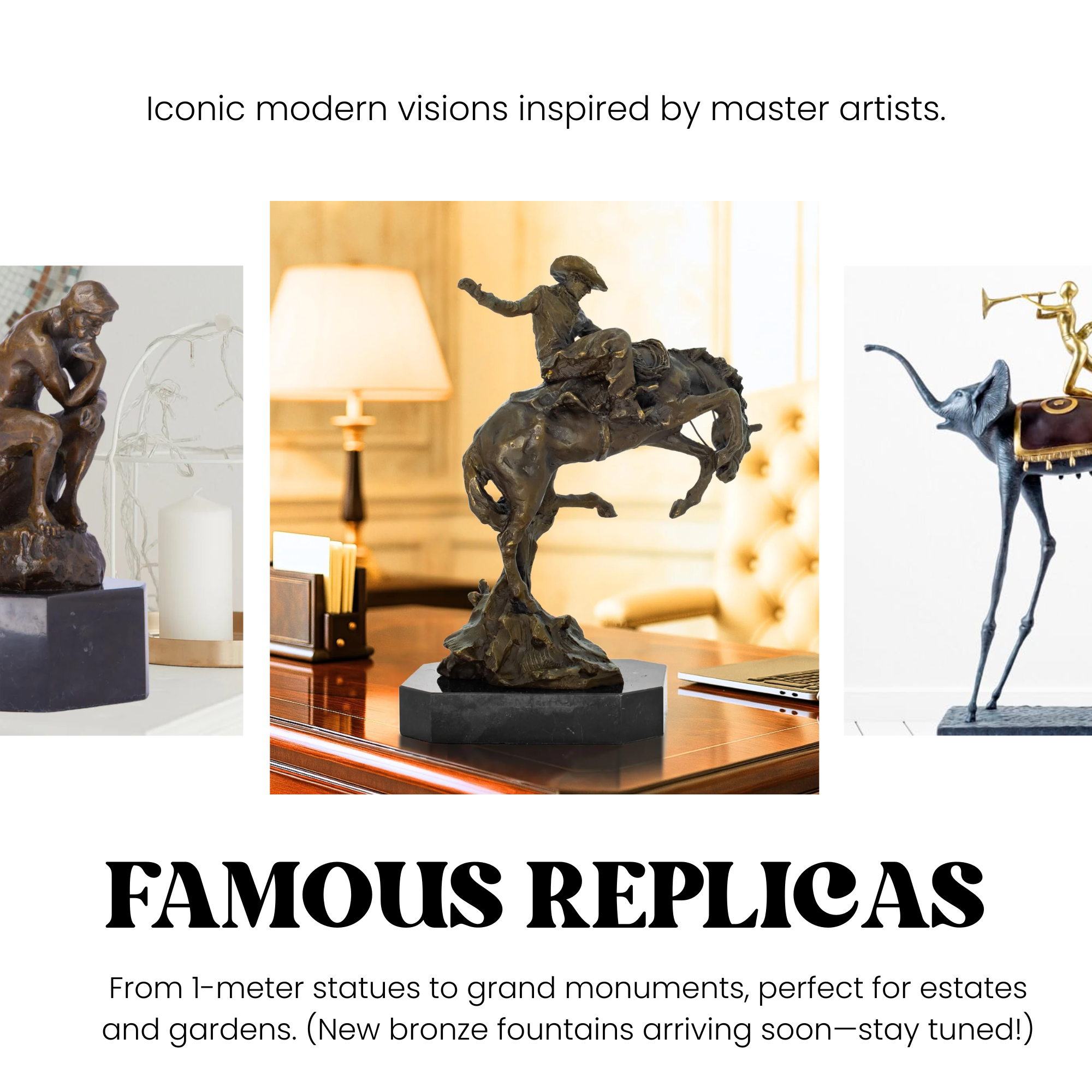 Gallery-grade replicas of famous bronze works like The Thinker, Bronco Buster, and Dalí inspired elephant art.