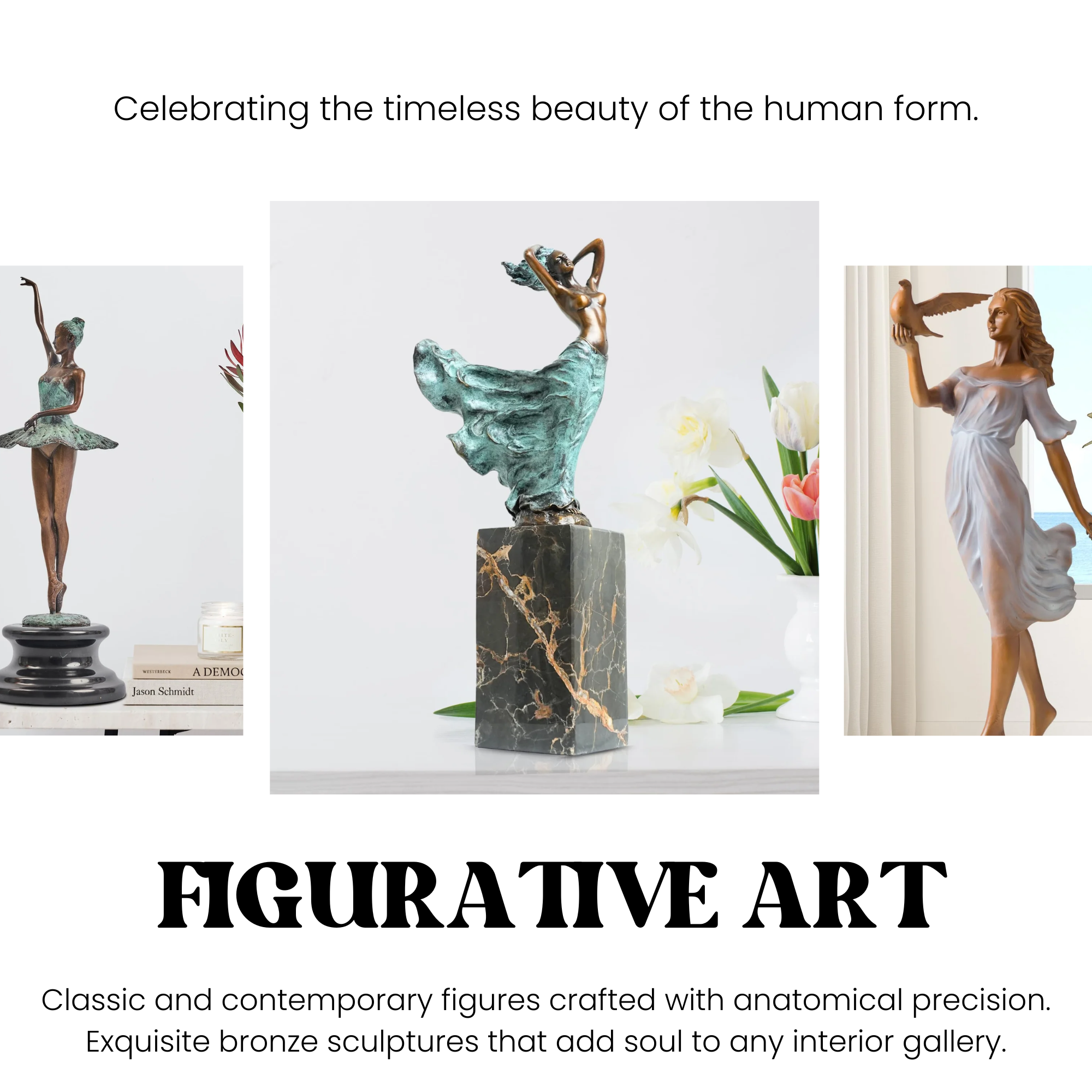 Elegant figurative bronze art highlighting the human form with a ballerina and classical female sculptures on marble pedestals.