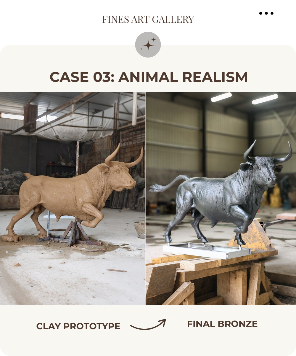 Life-size bronze animal sculpture: Clay design vs. final patina result - Fine's Art Gallery