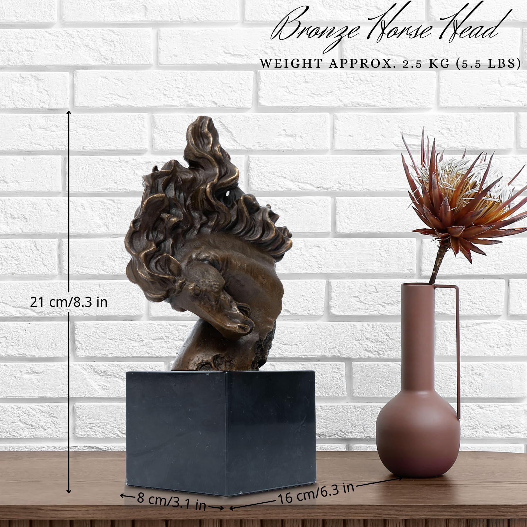 "Flames of Spirit" bronze horse head sculpture displayed on bookshelf with dried flower arrangement