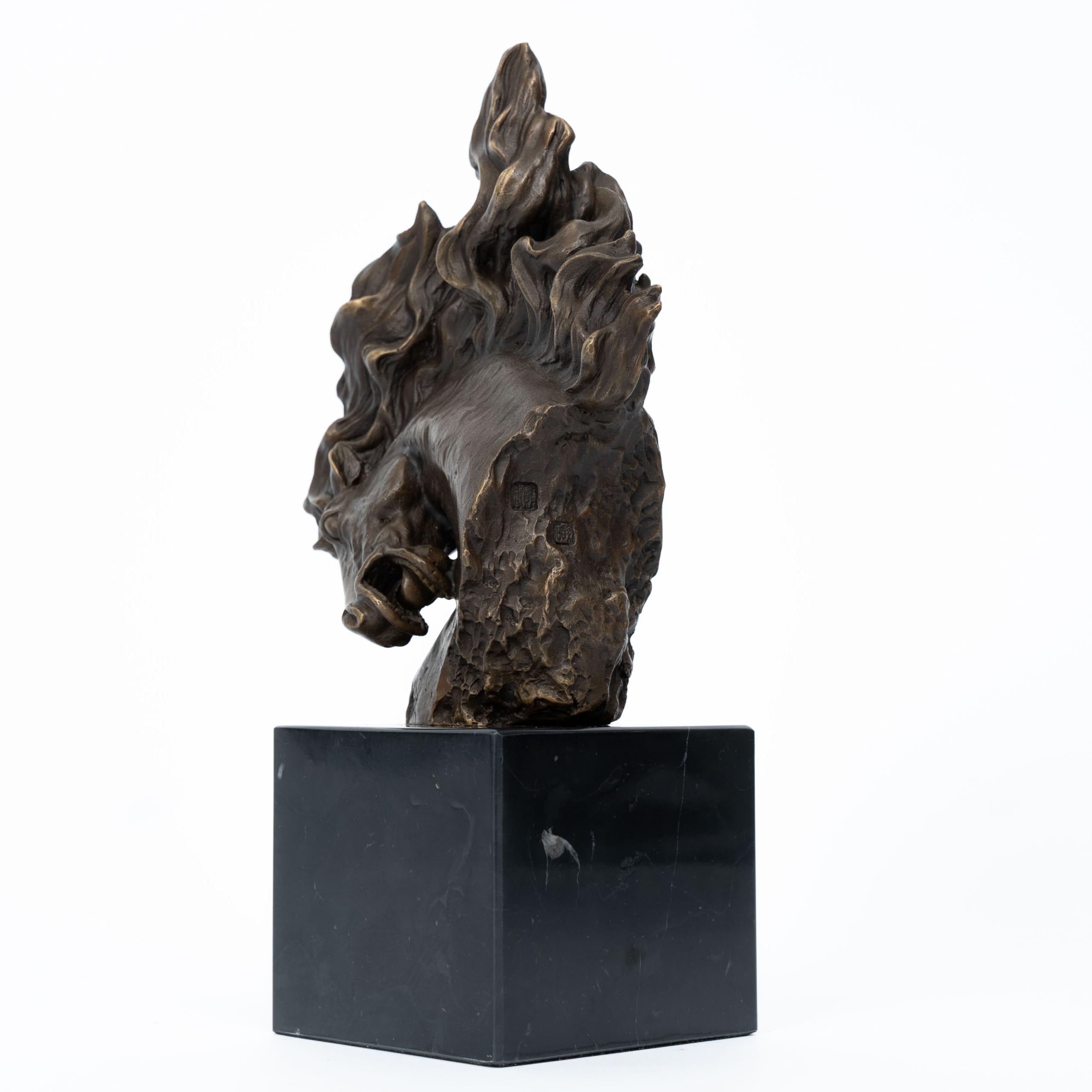 Second front full body view of "Flames of Spirit" bronze horse head sculpture on cube marble base