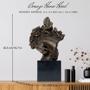 "Flames of Spirit" bronze horse head sculpture size reference chart showing 3 available sizes