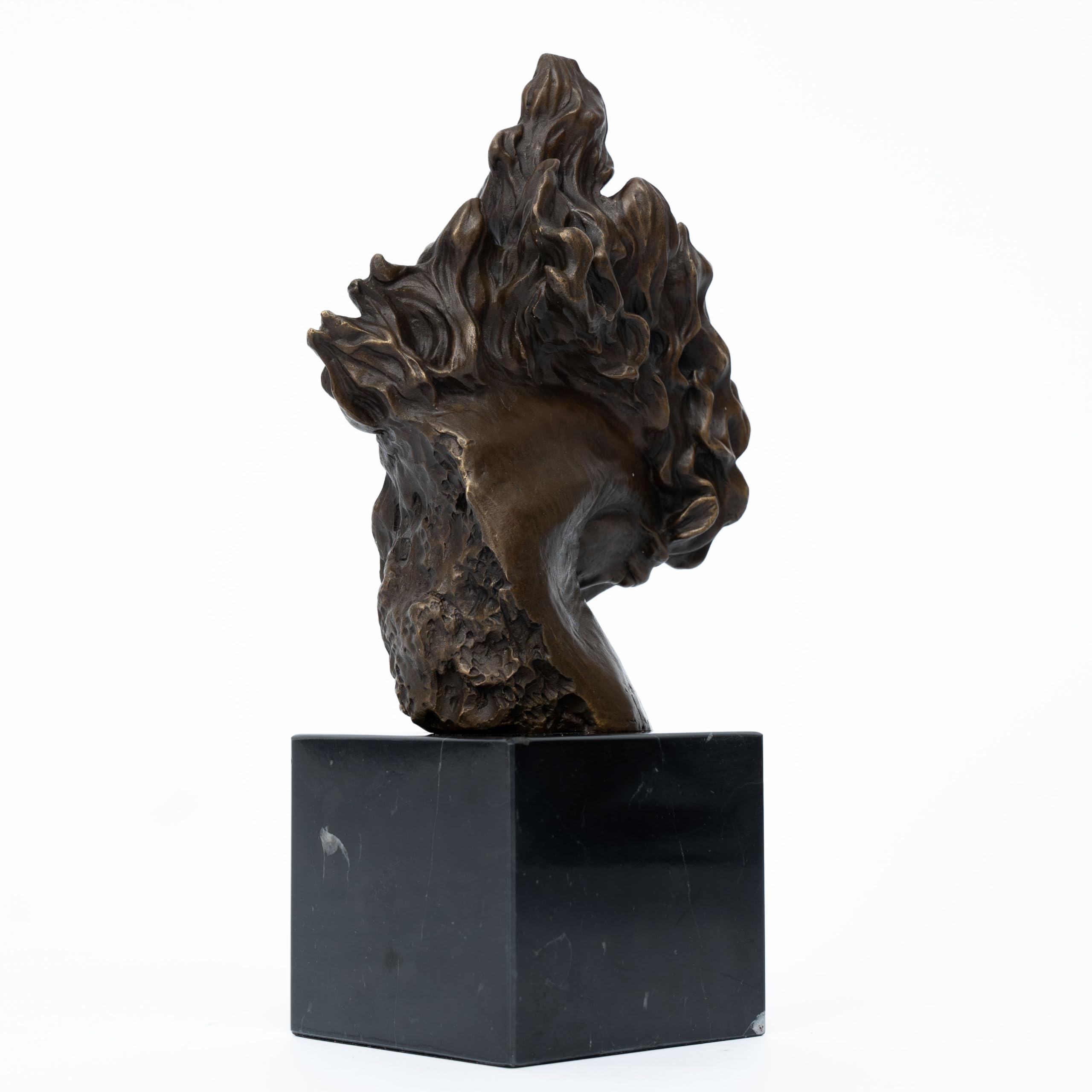 "Flames of Spirit" bronze horse head sculpture back angle view on white background showing cube base