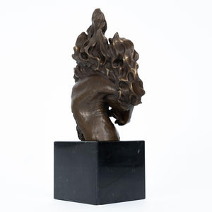 "Flames of Spirit" bronze horse head sculpture front angle view on white background showing dynamic mane