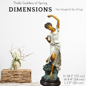 Flora goddess bronze statue dimensions chart showing 28 inch height and base size reference