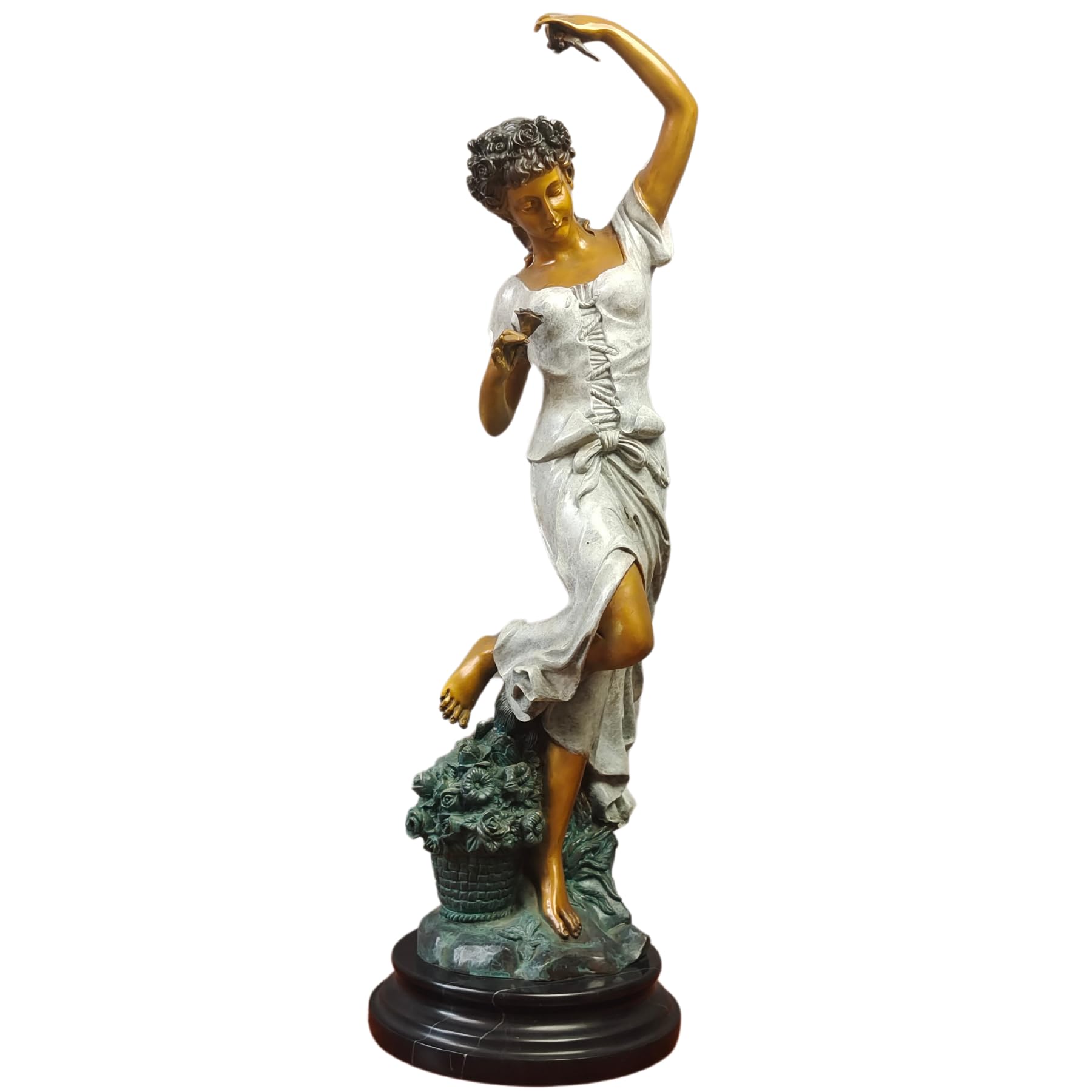Flora goddess bronze statue 28 inch front view on white background with polychrome finish and black marble base