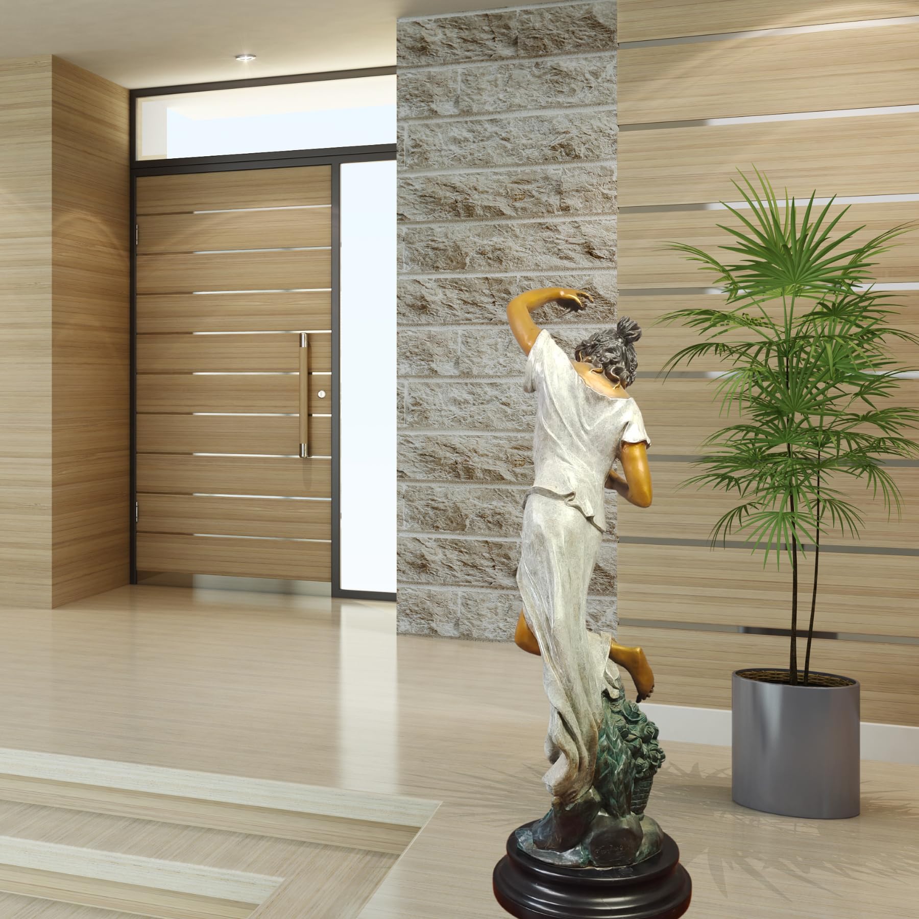 Flora spring goddess bronze statue in modern minimalist hallway as high-end interior fine art decor