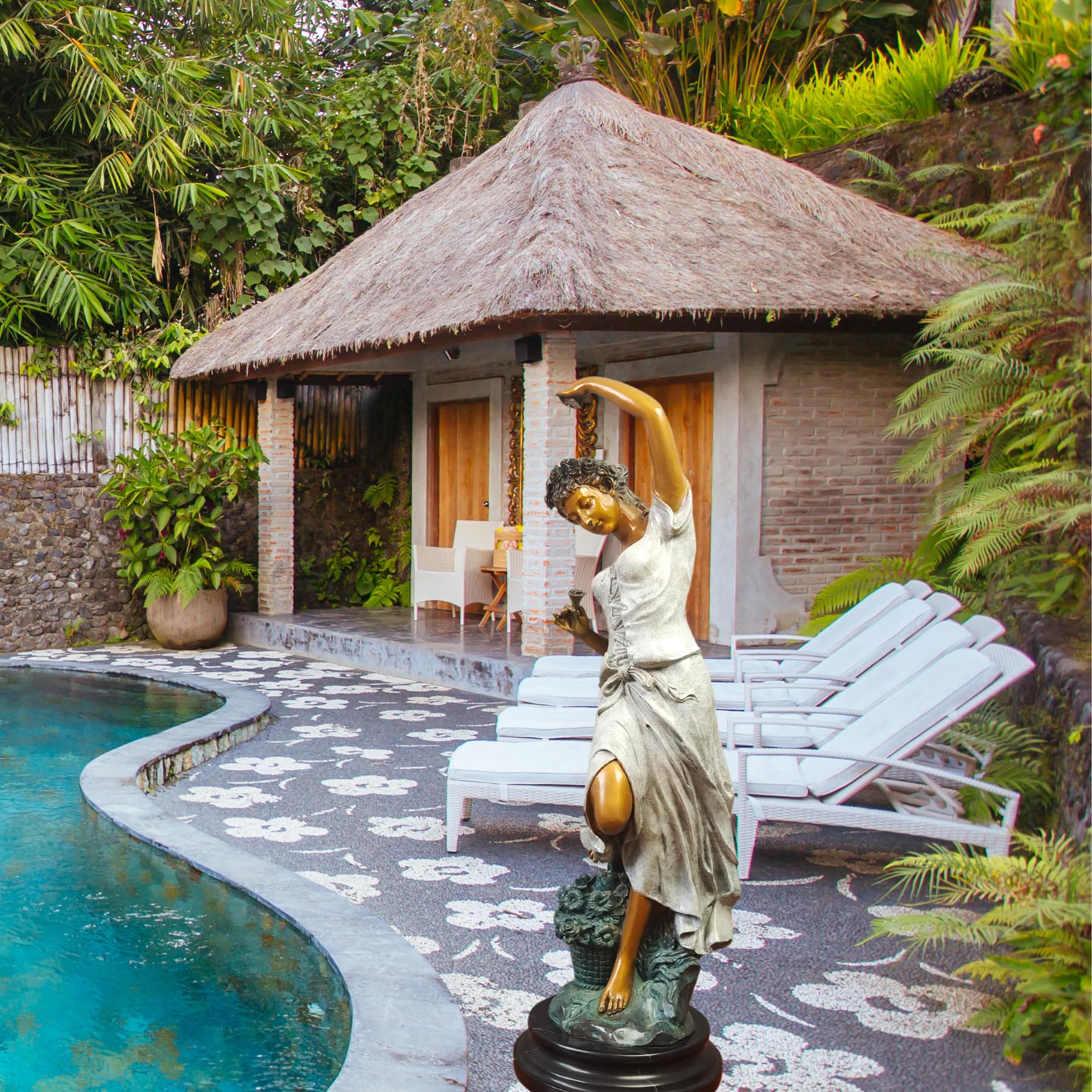 Flora goddess bronze statue beside tropical pool pavilion as luxury outdoor mythology garden art
